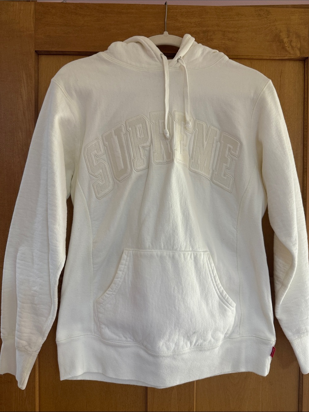 Supreme Cream Pullover Hoodie with Embroidered Arch Logo